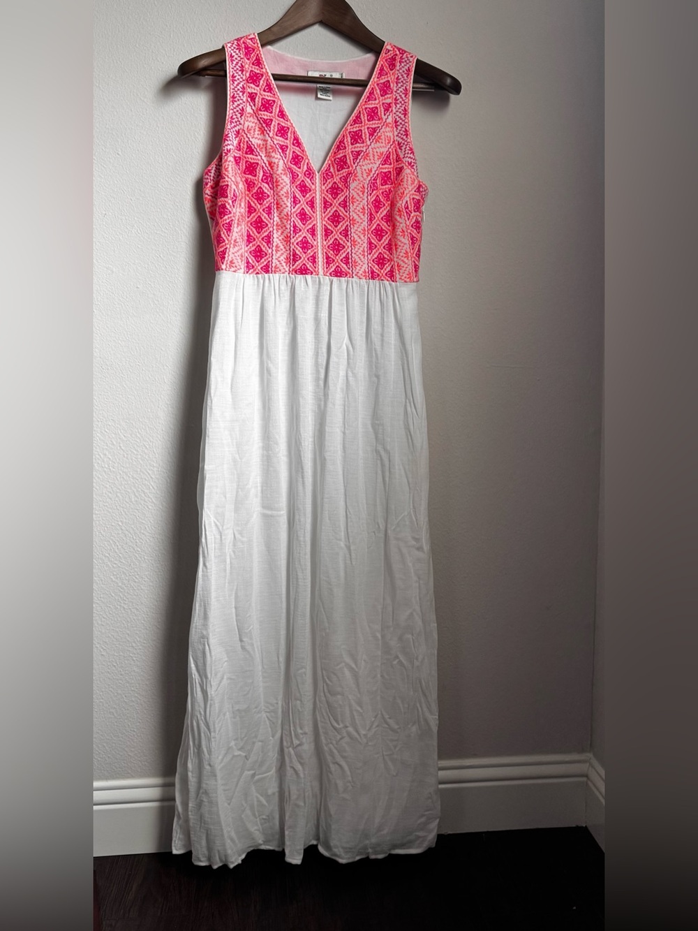 Vineyard Vines Embroidered Cotton Linen Maxi Dress Pink White Size 6